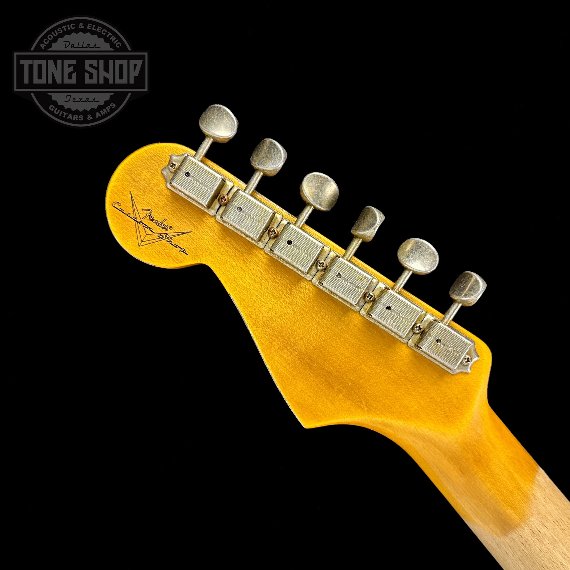 Back of headstock of Fender Custom Shop 2023 Collection 60 Strat Heavy Relic Faded Aged 3 Color Sunburst.