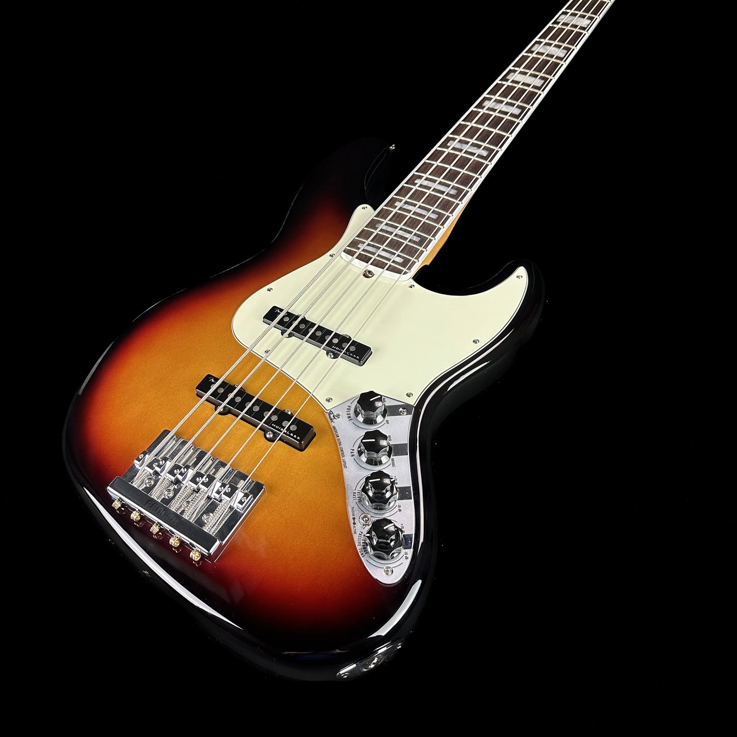 Front angle of Used Fender American Ultra Jazz V Bass RW 3-Color Sunburst.