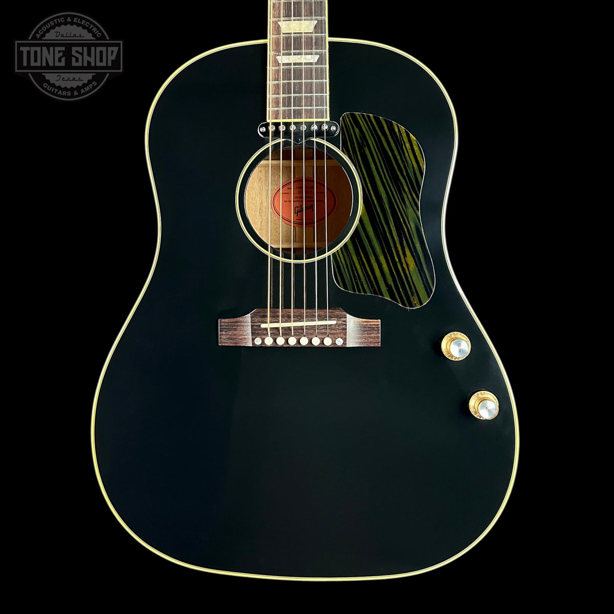 Front of Gibson Custom Shop Dealer Select J-160E Original Ebony w/Firestripe PG.