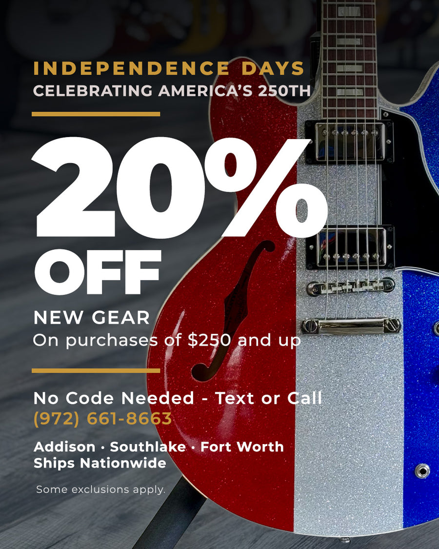 Image of a red white and blue with 20% off sale text - 20% off new gear on purchases of $250 and up. Chat with us to save.