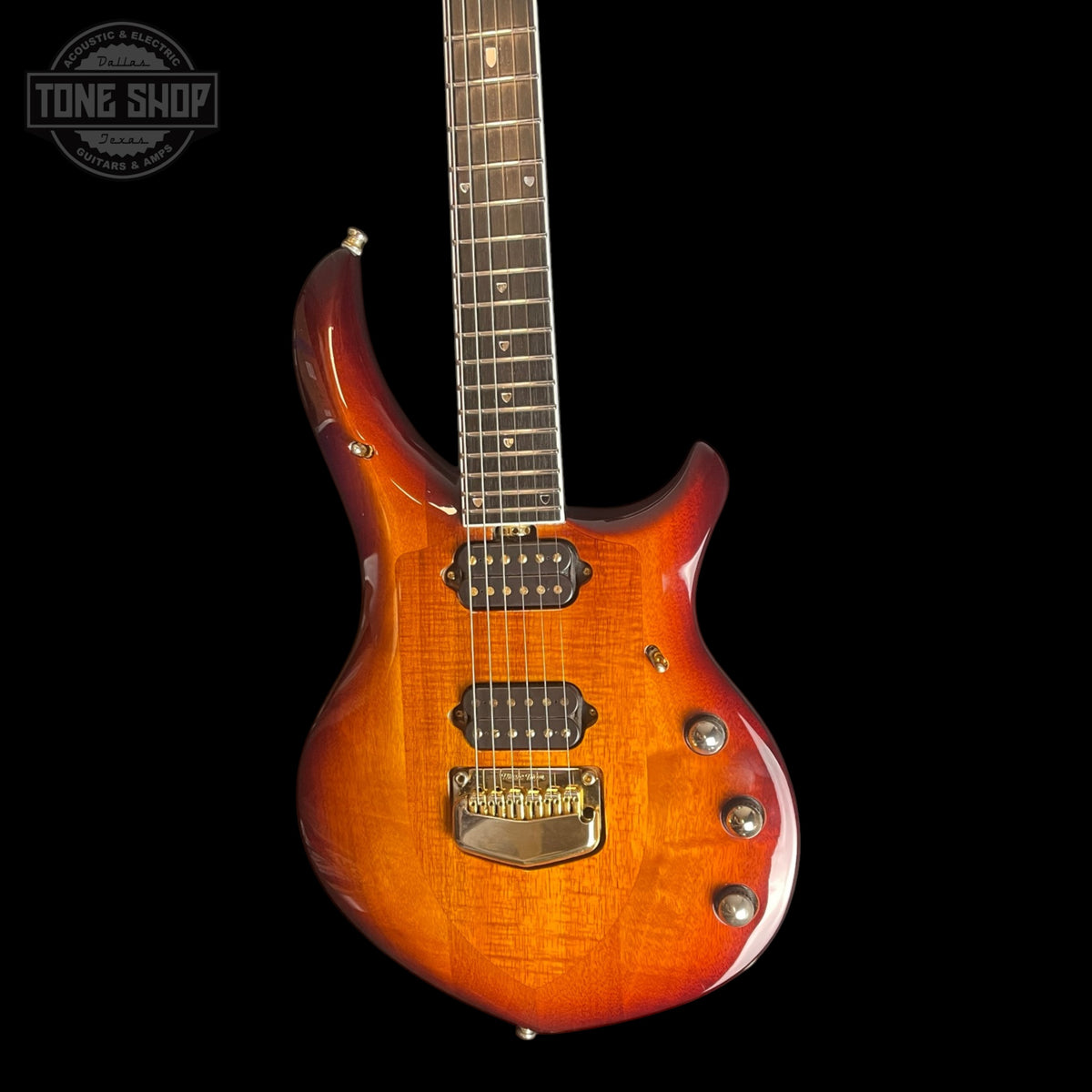 Front of Used 2017 Ernie Ball Music Man BFR John Petrucci Majesty Island Burst Koa.