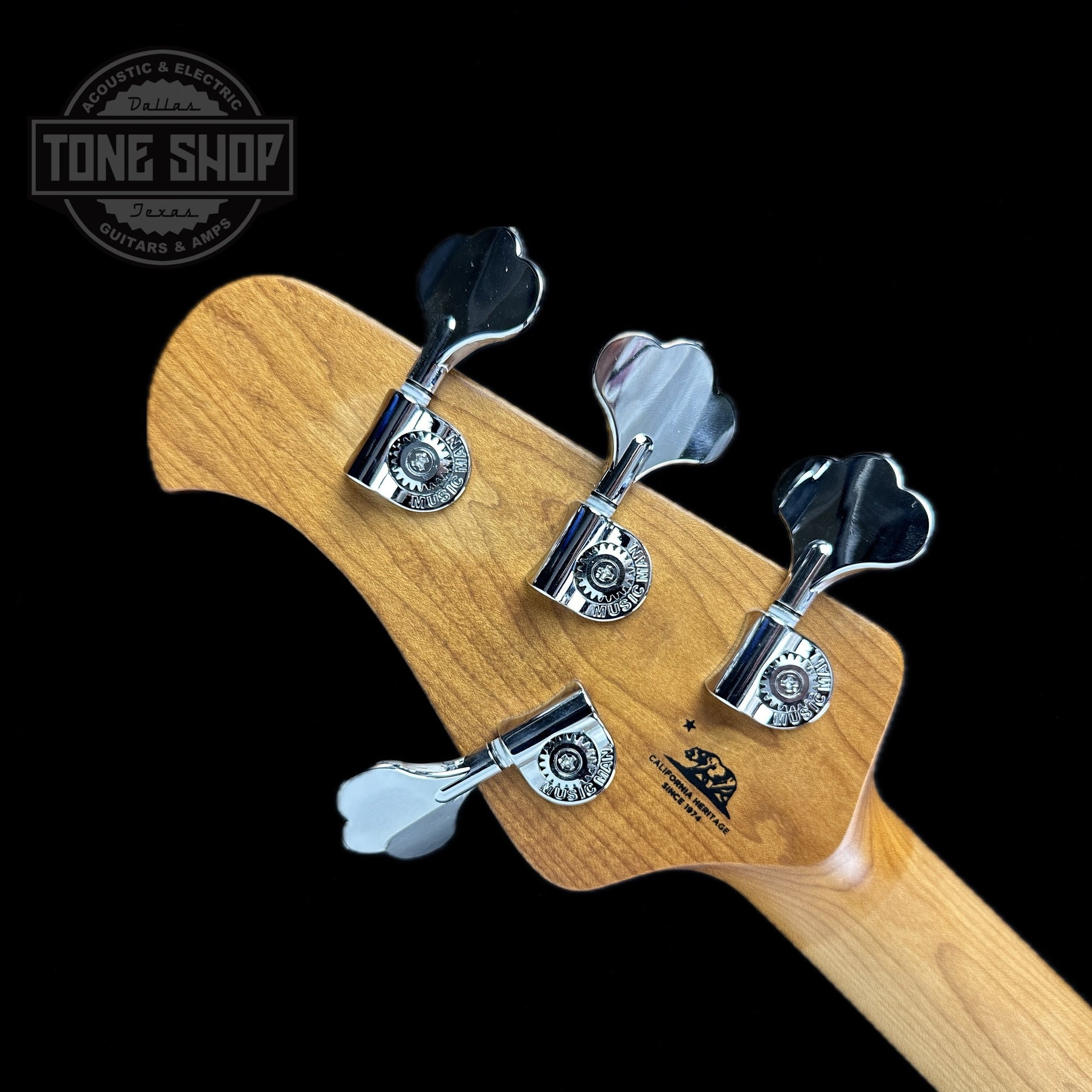 Back of headstock of Ernie Ball Music Man StingRay Special H Bass MP Hot Honey.