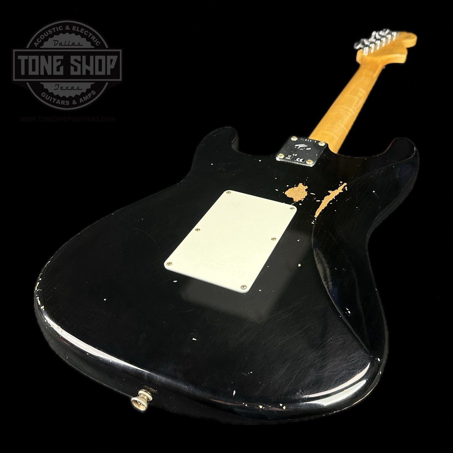 Back angle of Fender Custom Shop '69 Stratocaster Relic HSS Black Reverse Headstock.