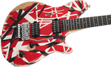 EVH Limited Edition Wolfgang Special Striped Series Red Black and White Aged Body at an angle.