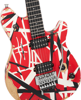 EVH Limited Edition Wolfgang Special Striped Series Red Black and White Aged close up of front of body. 