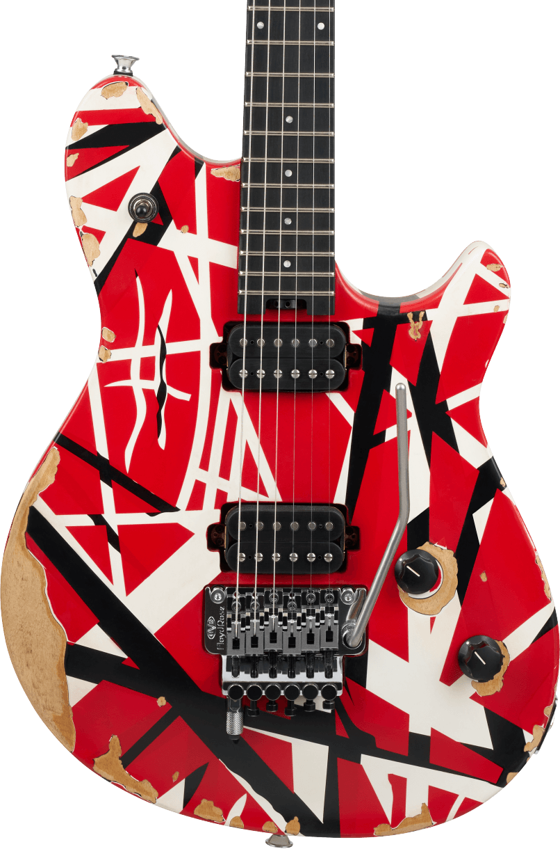 Electric Guitar with a distinctive red and black Stripes on a worn body. 
