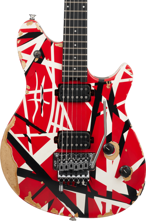 Electric Guitar with a distinctive red and black Stripes on a worn body. 