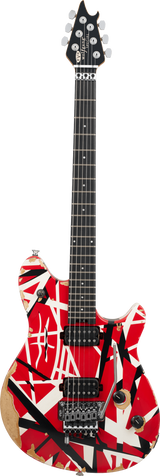 EVH Limited Edition Wolfgang Special Striped Series Red Black and White Aged entire front of the guitar on a white background. 
