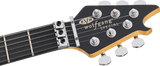 Close-up of a guitar headstock with 'EVH Wolfgang Special' branding on a dark background