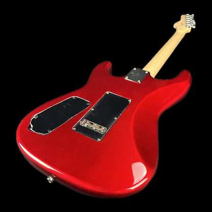 Back angle of G&L USA Legacy HH RMC Empress Candy Apple Red Metallic Matching Headstock.