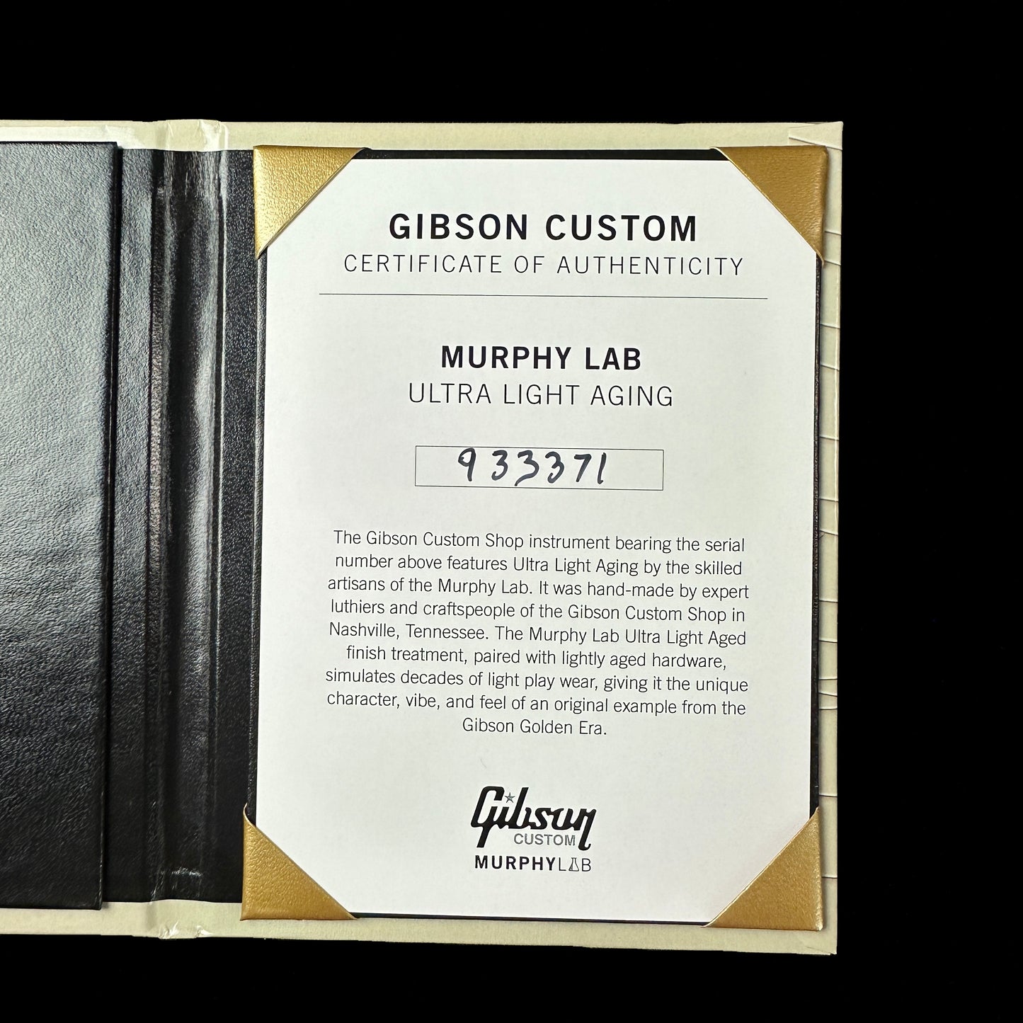 Certificate of authenticity for Gibson Custom Shop 59 Les Paul Standard Dirty Lemon Burst Murphy Lab Ultra Light Aged.