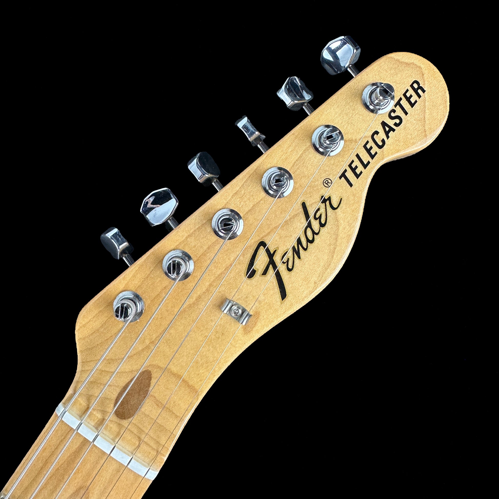 Front of headstock of Used 2019 Fender FSR Thin Skin Telecaster Black.