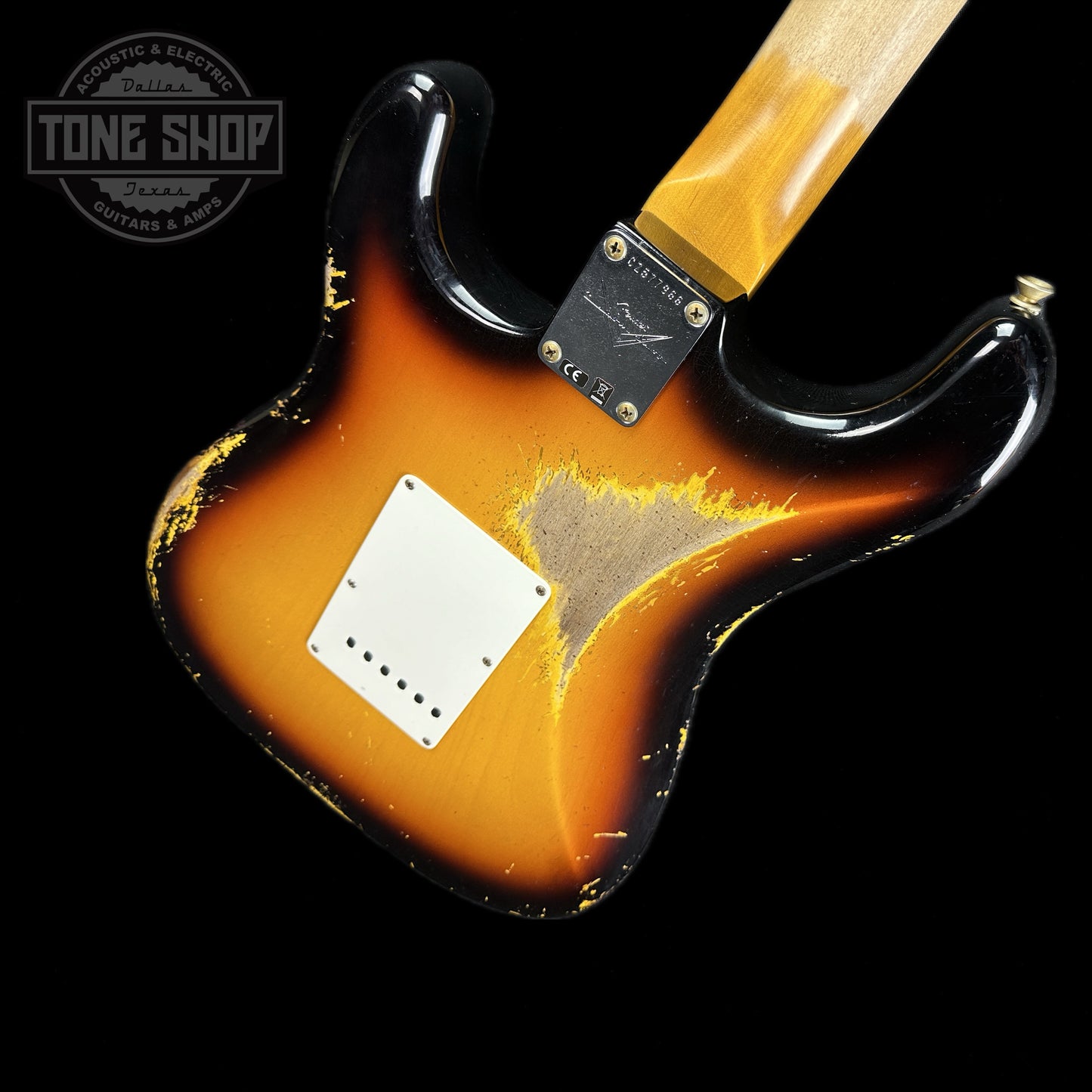Back angle of Fender Custom Shop 2023 Collection 60 Strat Heavy Relic Faded Aged 3 Color Sunburst.