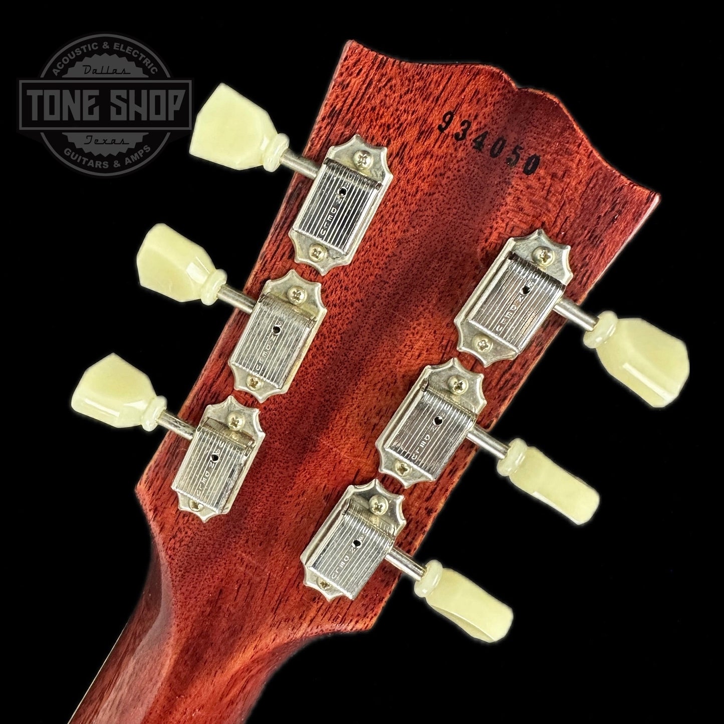 Back of headstock of Gibson Custom Shop M2M 1959 Les Paul Standard Golden Poppy Murphy Lab Ultra Light Aged.