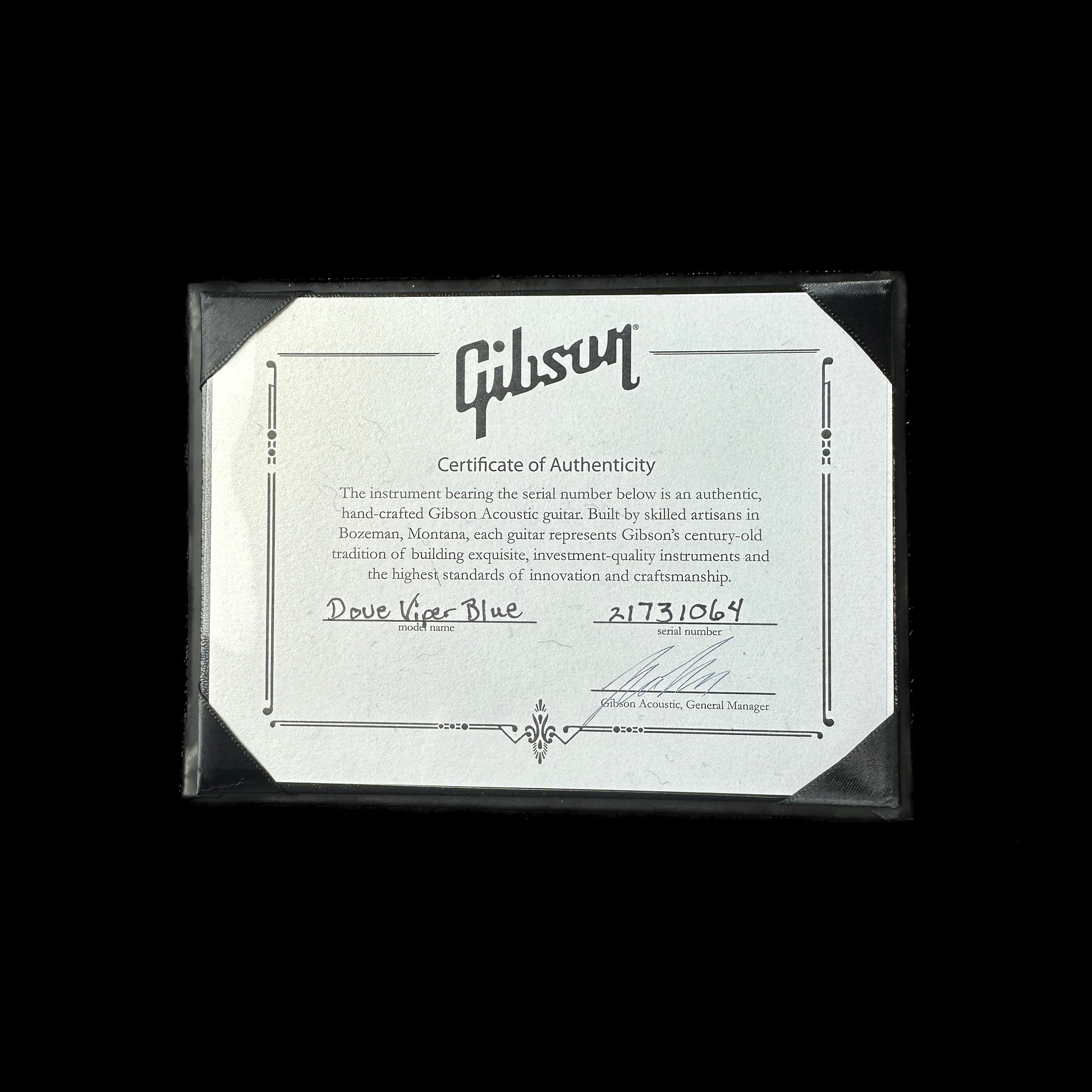 Certificate of authenticity for Used Gibson Dove Viper Blue.