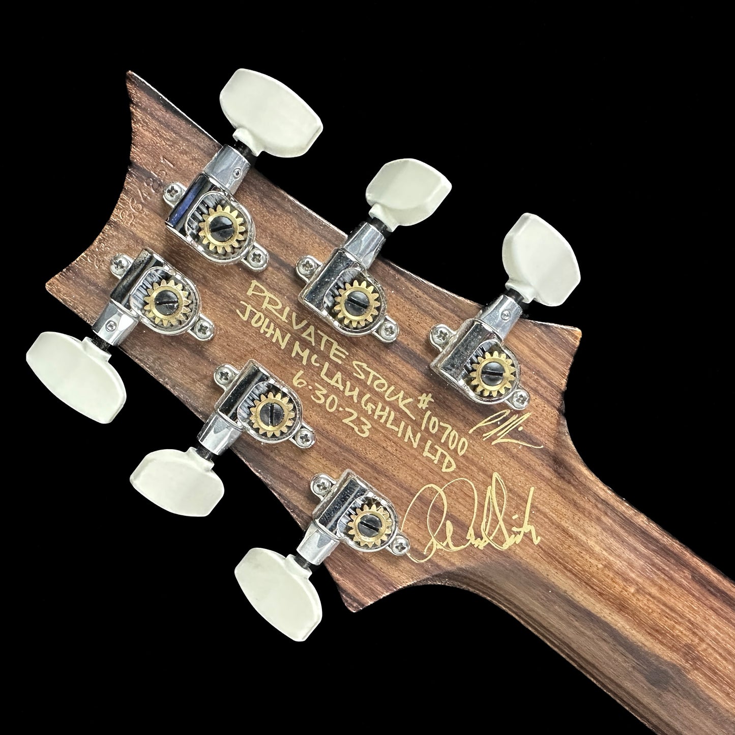 Back of headstock of PRS Private Stock John McLaughlin Limited Edition.