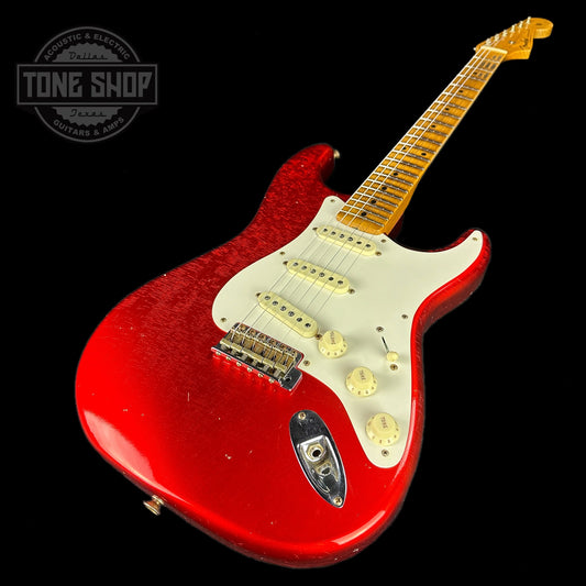 Front angle of Fender Custom Shop Limited Edition 56 Strat Journeyman Relic Super Faded Aged Candy Apple Red.