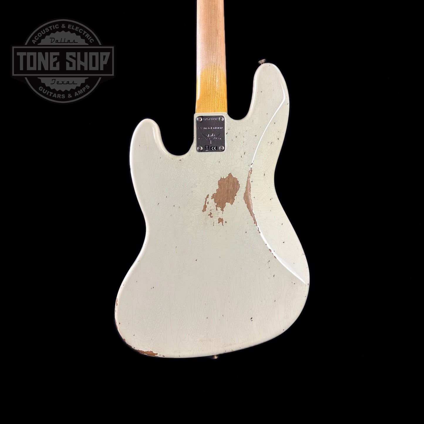 Back of body of Used Fender Custom Shop LTD '60s Jazz Bass Olympic White Relic Aged.