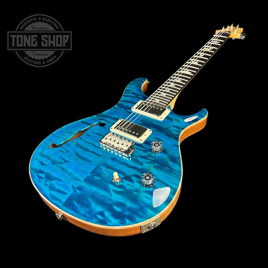 Front angle of PRS Paul Reed Smith CE24 Semi-Hollow Quilt Blue Matteo.