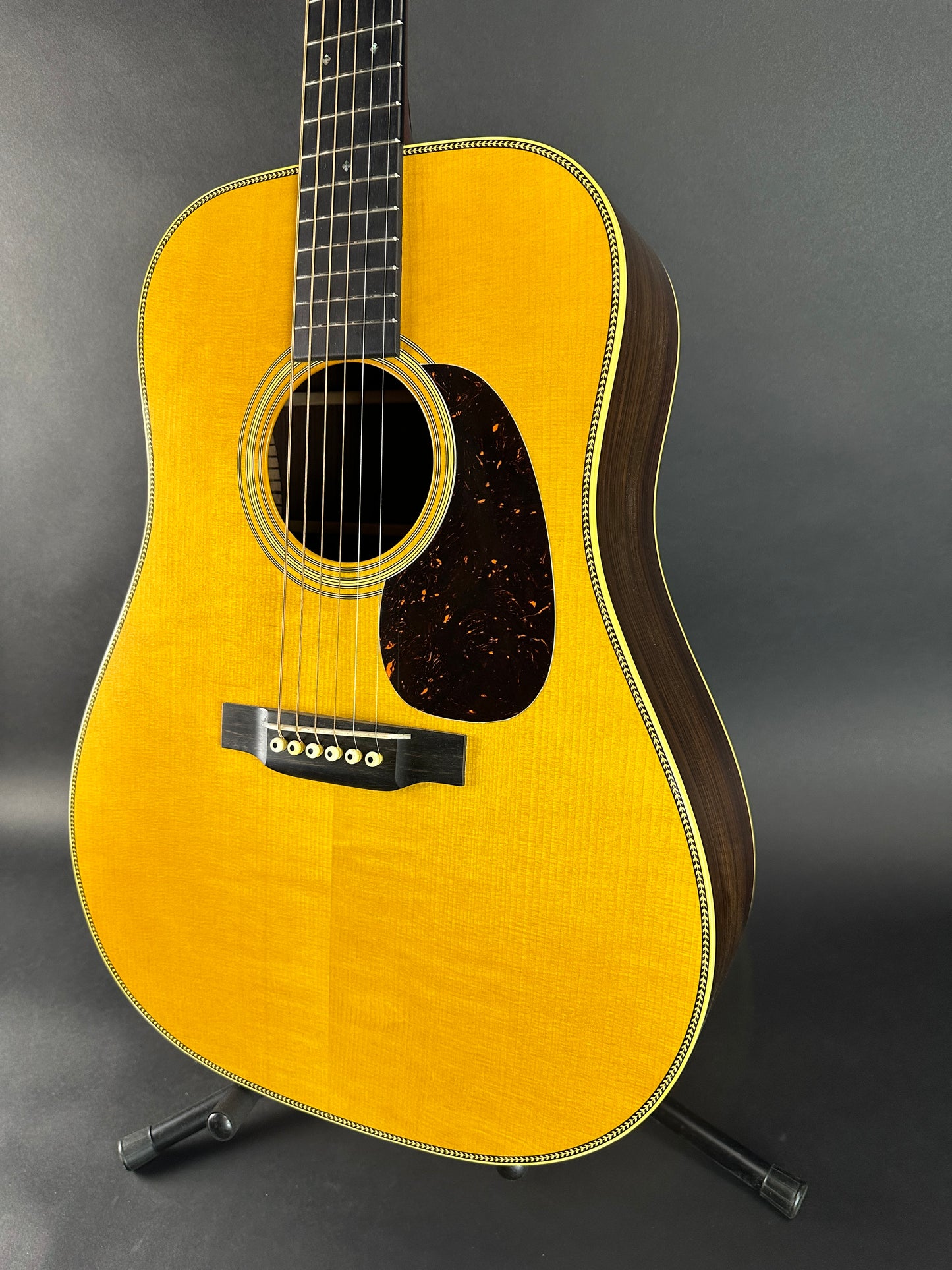 Front angle of Used Martin Custom Shop D-28 Authentic 1937 Vintage Low Gloss w/Stage 1 Aging.