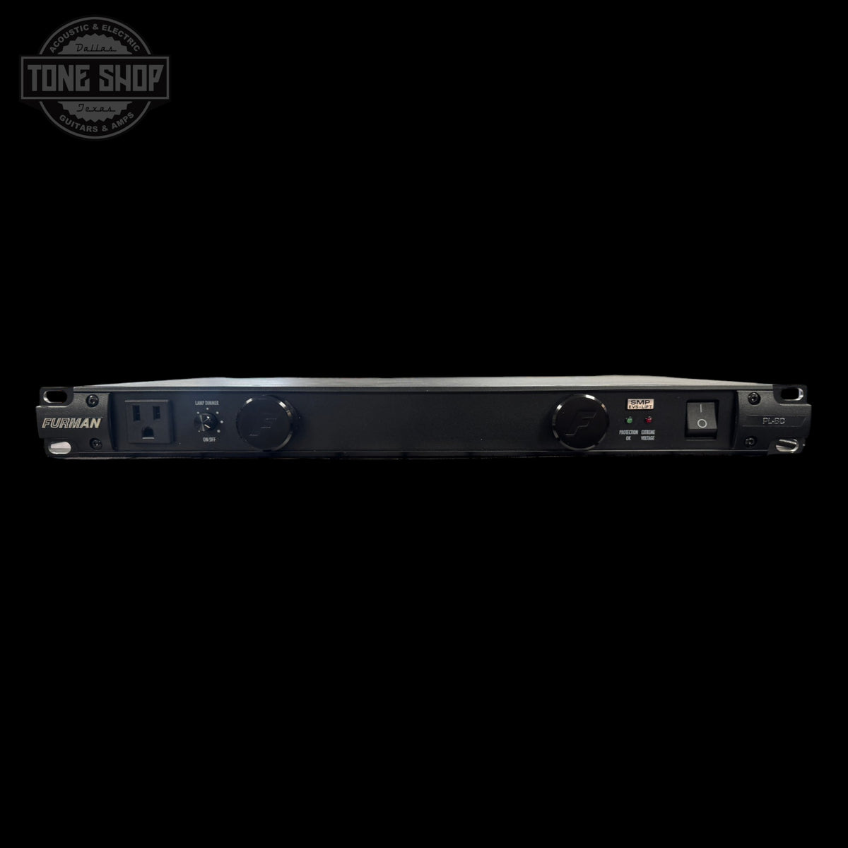 Black power conditioner with control knobs on a white background, featuring the Tone Shop logo.