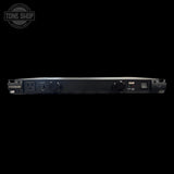 Black power conditioner with control knobs on a white background, featuring the Tone Shop logo.
