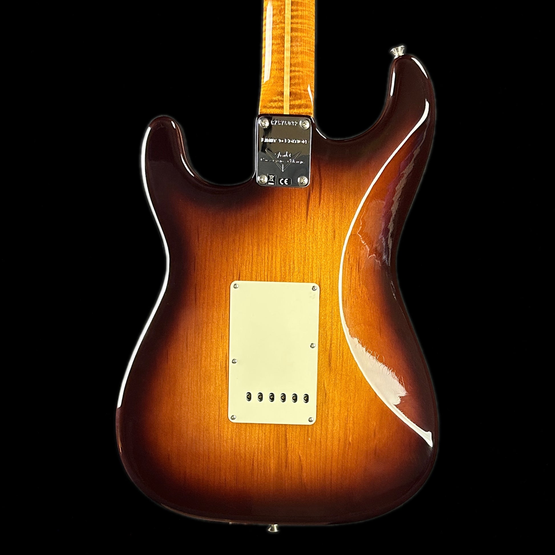 Back of body of Fender Custom Shop Limited Edition Roasted Pine Chocolate 2 Tone Sunburst.