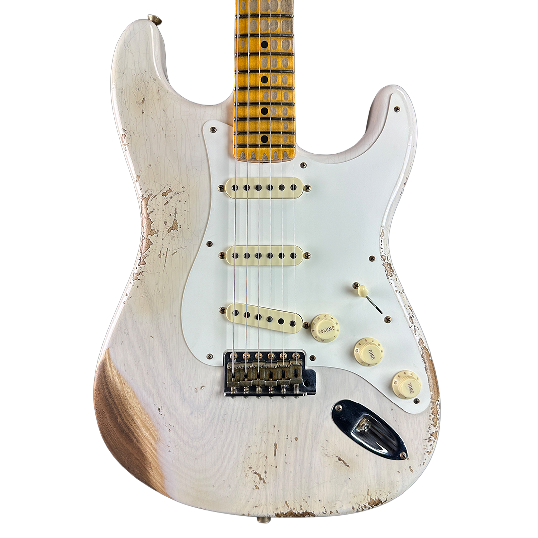 Front of Fender Custom Shop Time Machine '57 Strat Heavy Relic Aged White Blonde.