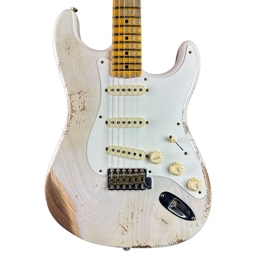 Front of Fender Custom Shop Time Machine '57 Strat Heavy Relic Aged White Blonde.