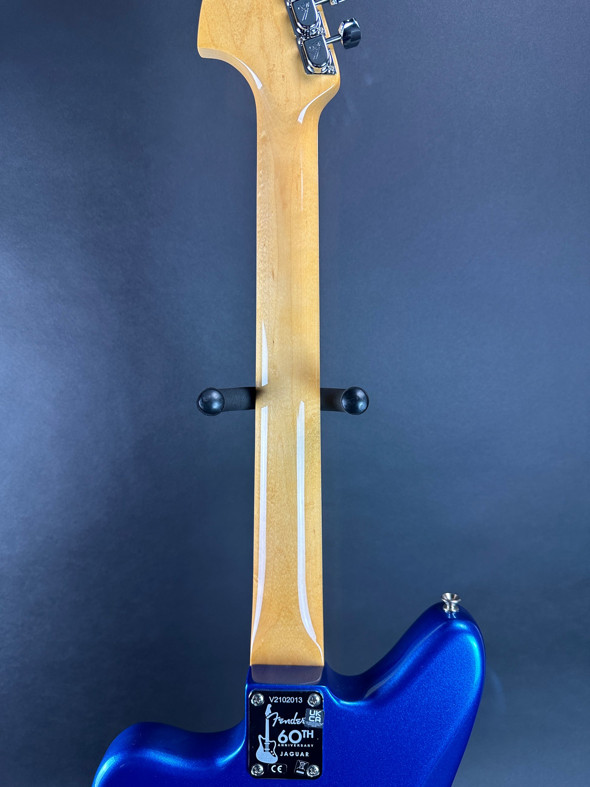 Back of neck of Used Fender 60th Anniversary Jaguar Mystic Lake Placid Blue.