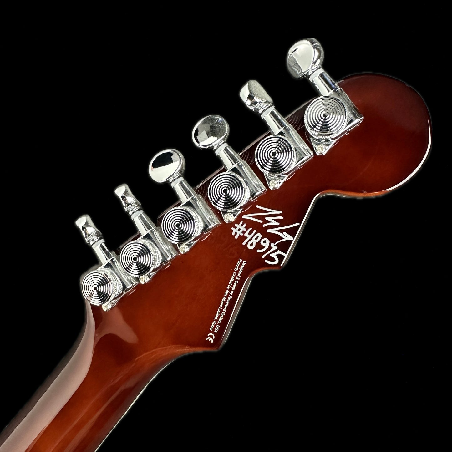 Back of headstock of Reverend Bayonet Custom RA Red Sparkle RW Tone Shop Exclusive.