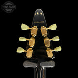 Back of headstock of Used 2002 Epiphone 58 Reissue Flying V Black.