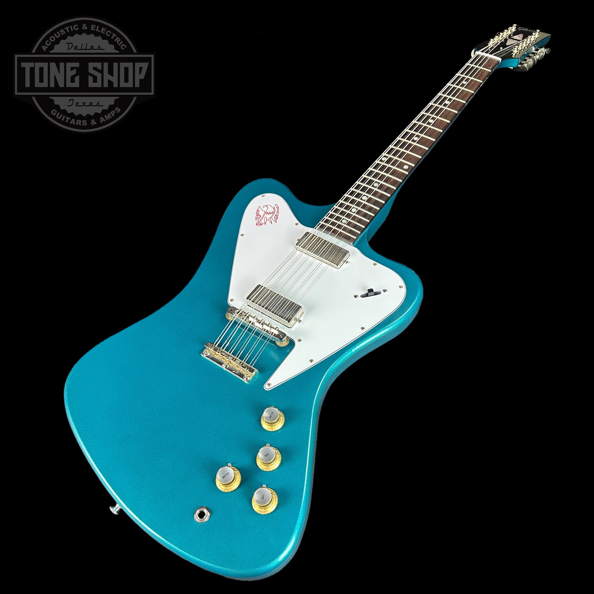 Front angle of Gibson Custom Shop 1965 Non-Reverse Firebird V 12-String Reissue Aqua Mist.