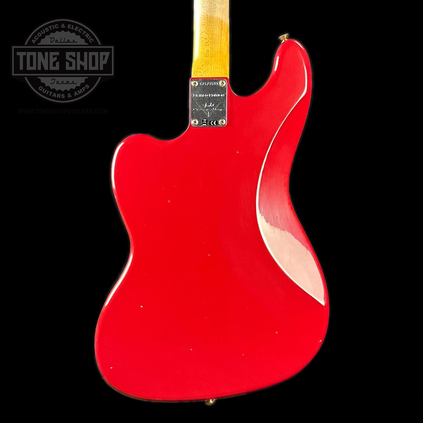 Back of body of Fender Custom Shop Limited Edition Bass VI Journeyman Relic Aged Dakota Red.