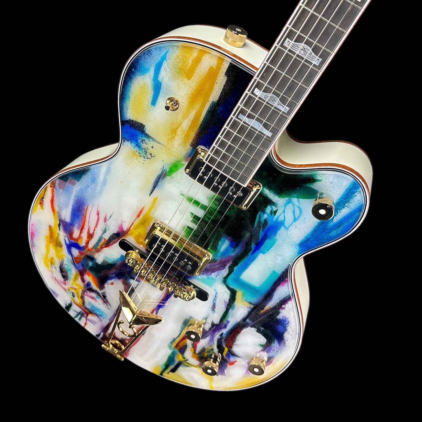 Front angle of Gretsch Custom Shop G6136-55 Fused Glass White Falcon.
