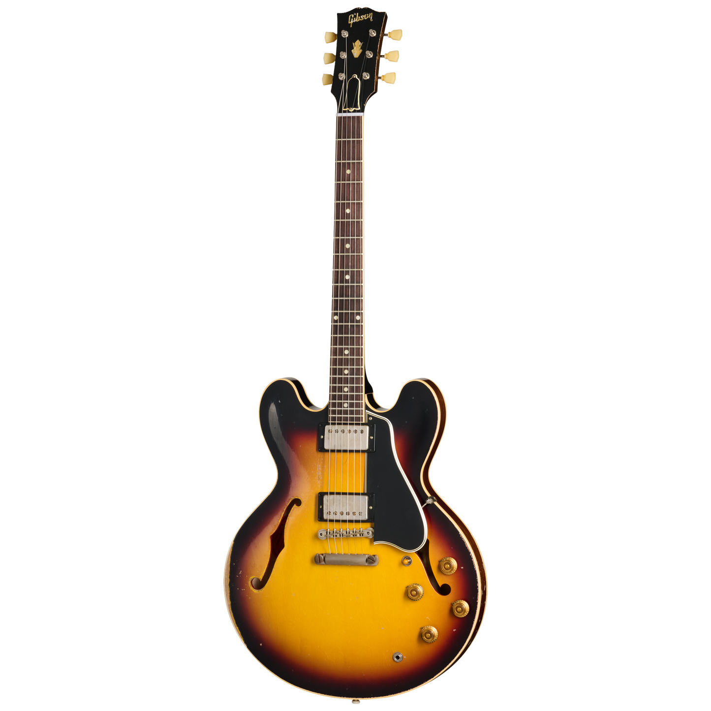 Full frontal of Gibson Custom Shop 1959 ES 335 Reissue Ultra Heavy Aged Vintage Burst.