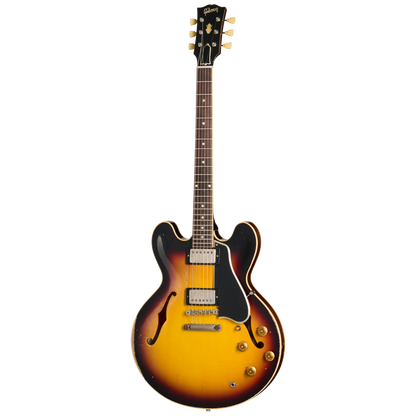 Full frontal of Gibson Custom Shop 1959 ES 335 Reissue Ultra Heavy Aged Vintage Burst.