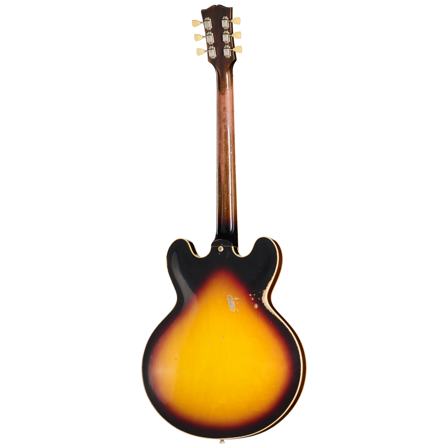 Back of Gibson Custom Shop 1959 ES 335 Reissue Ultra Heavy Aged Vintage Burst.