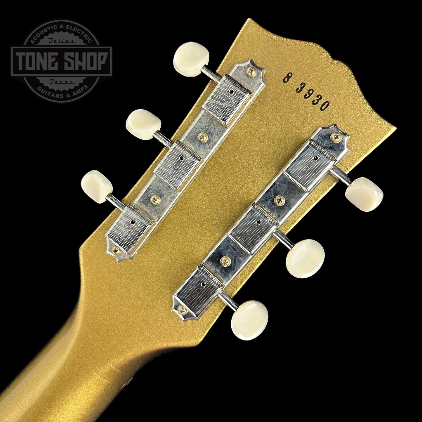 Back of headstock of Gibson Custom Shop M2M 1958 Les Paul Junior Doublecut Double Gold Murphy Lab Ultra Light Aged.