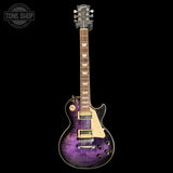 Full frontal of Used 2024 Gibson Les Paul Trad Pro V Dark Purple Burst.