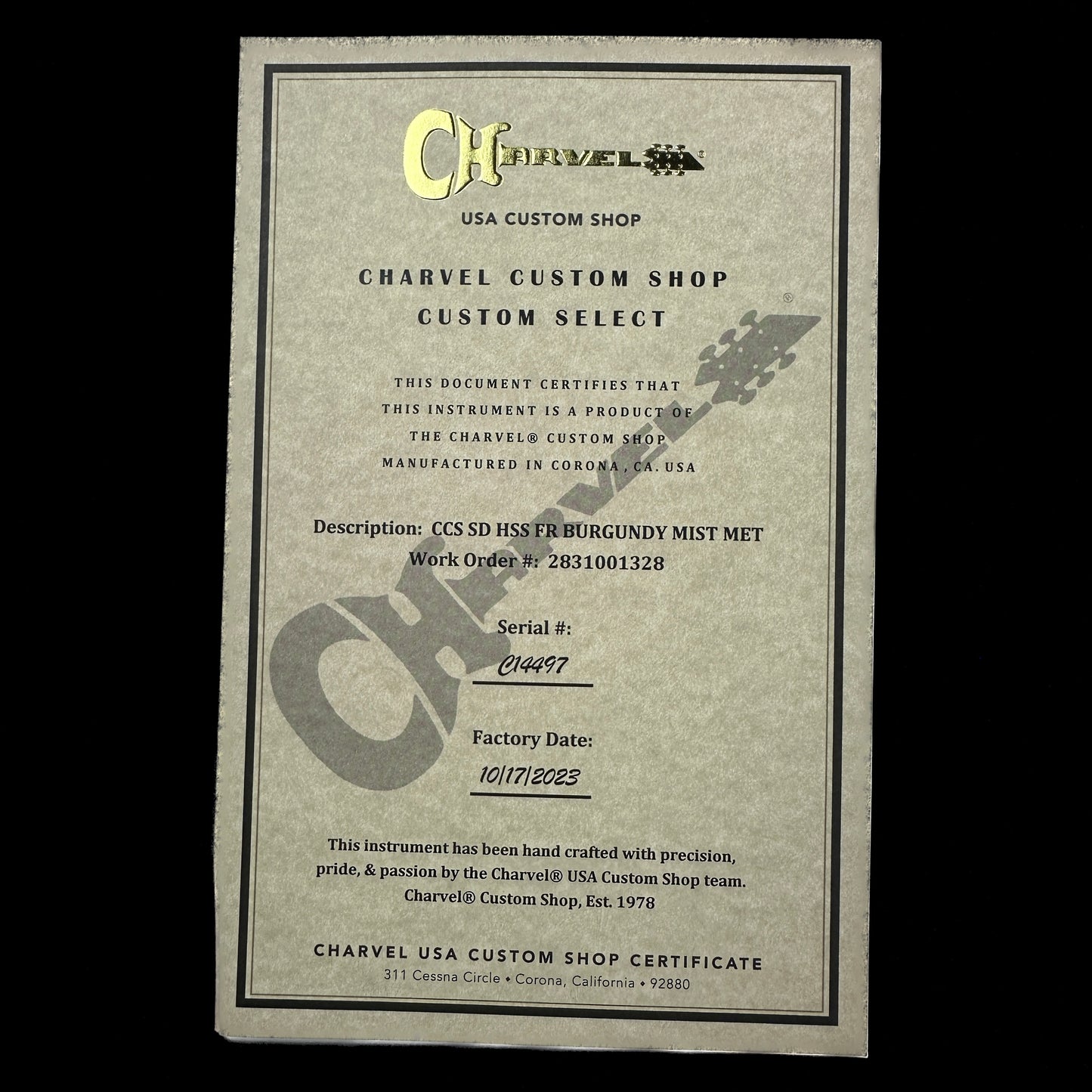 Certificate of authenticity for Charvel Custom Shop Limited Edition San Dimas Nos Burgundy Mist Metallic.