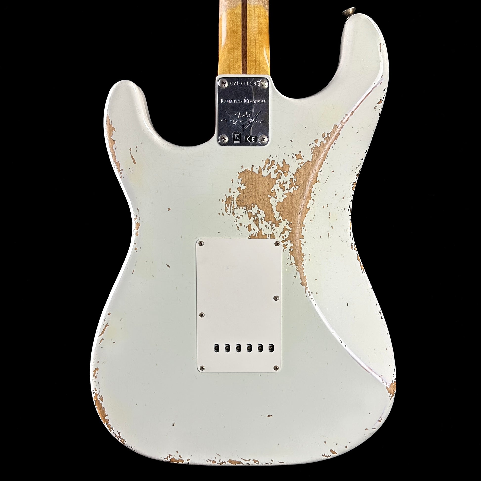 Back of body of Fender Custom Shop Limited Edition '56 Strat Heavy Relic India Ivory.
