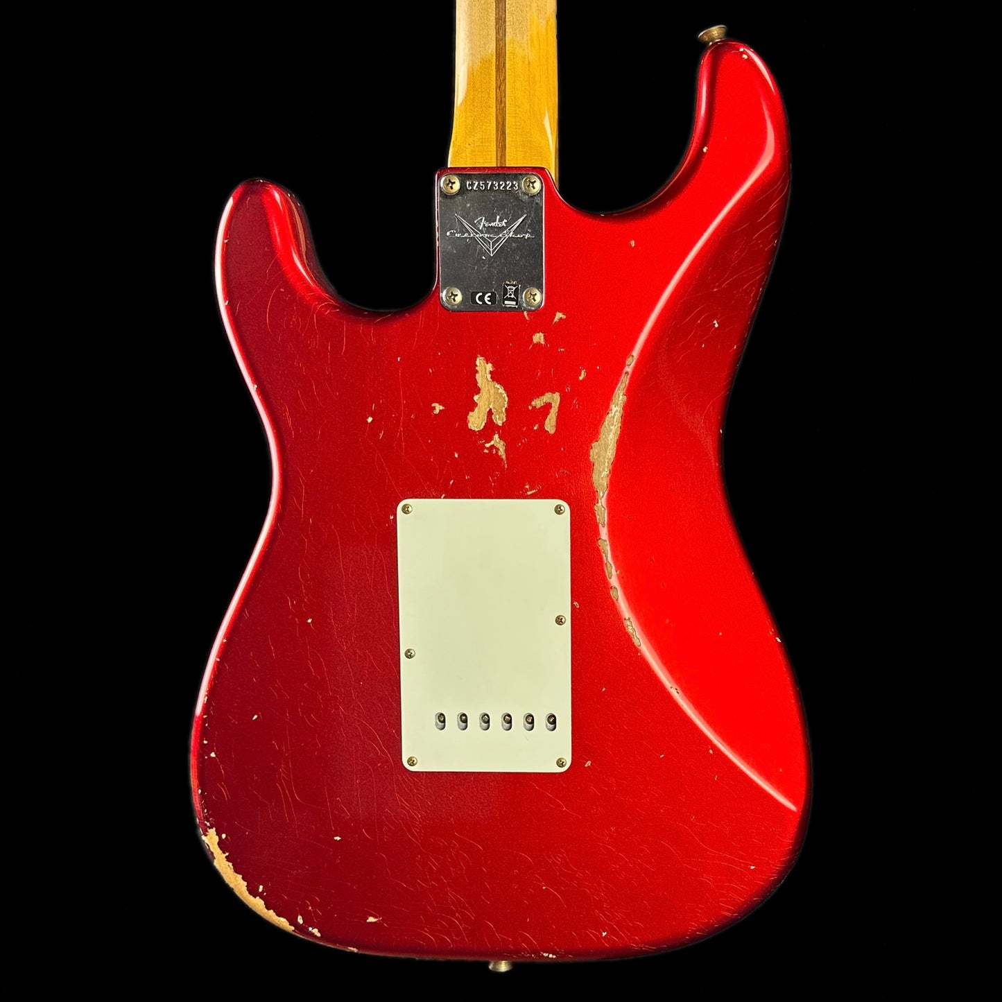 Back of Fender Custom Shop 58 Strat Relic Faded Aged Candy Apple Red.