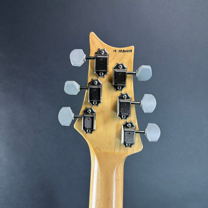 Back of headstock of Used 2019 PRS Silver Sky Grey.