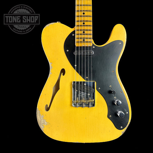 Front of body of Fender Custom Shop 2023 Collection Ltd Nocaster Thinline Relic Aged Nocaster Blonde.