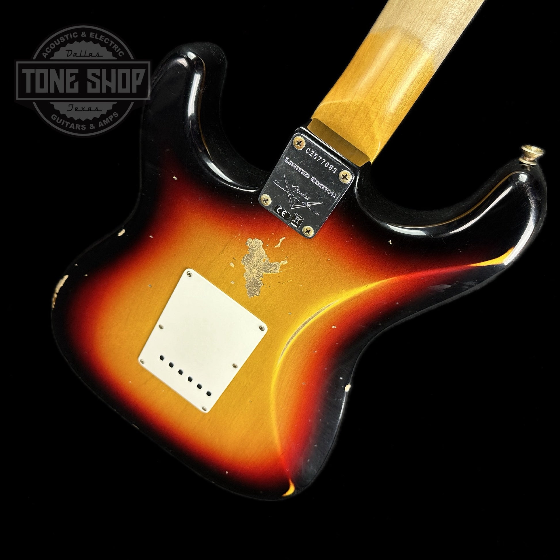 Back angle of Fender Custom Shop Limited Edition Late 64 Strat Relic Target 3 Color Sunburst.
