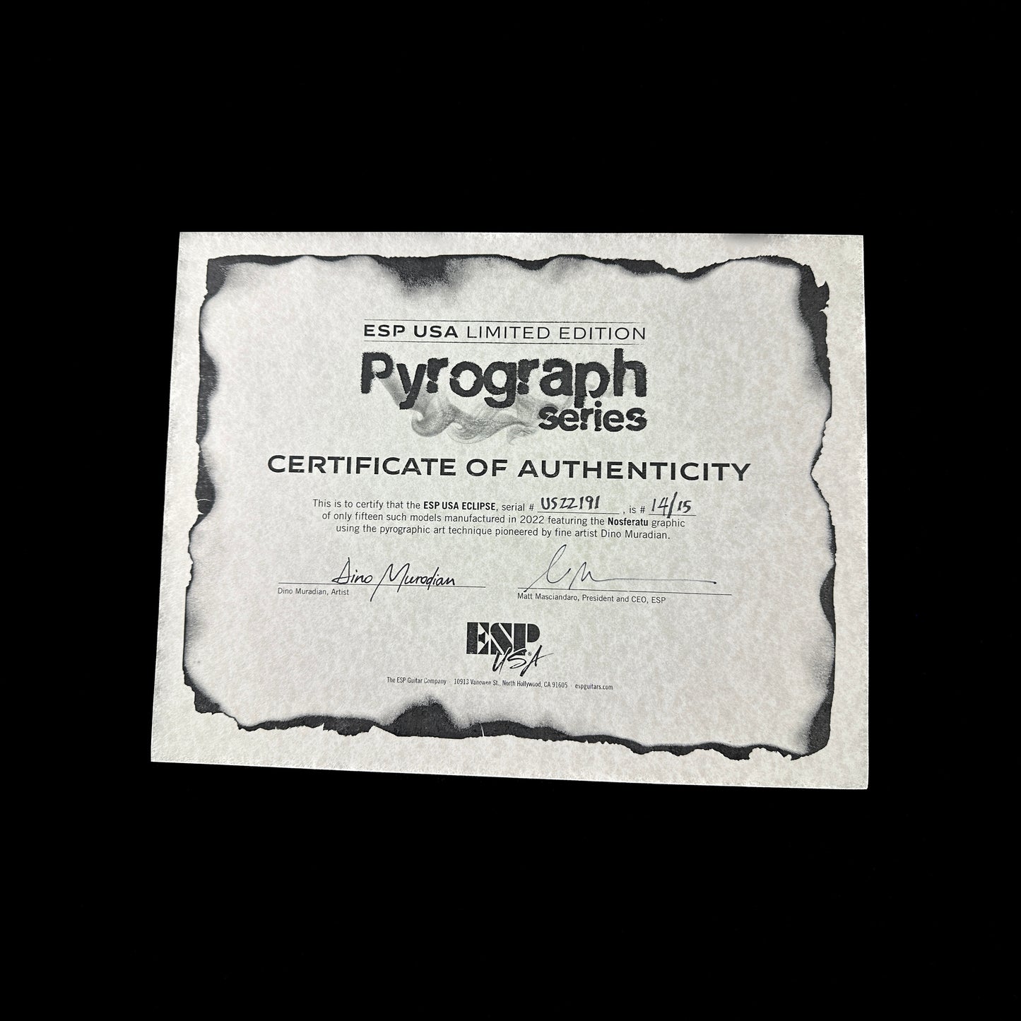 Certificate of authenticity for ESP USA Nosferatu Limited Edition Pyrograph Series.