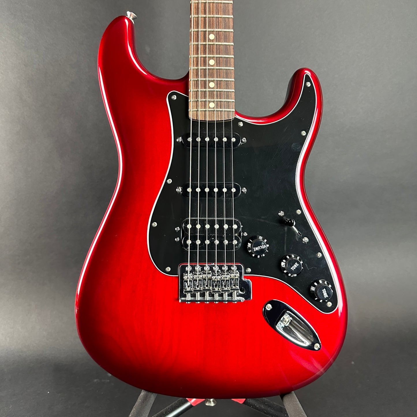Front of Used 2011 Fender FSR Standard Strat HSS Candy Red Burst.