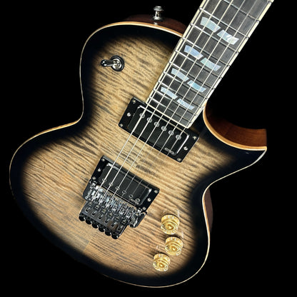 Front angle of Demo ESP USA Eclipse Floyd Rose See Thru Black Sunburst.