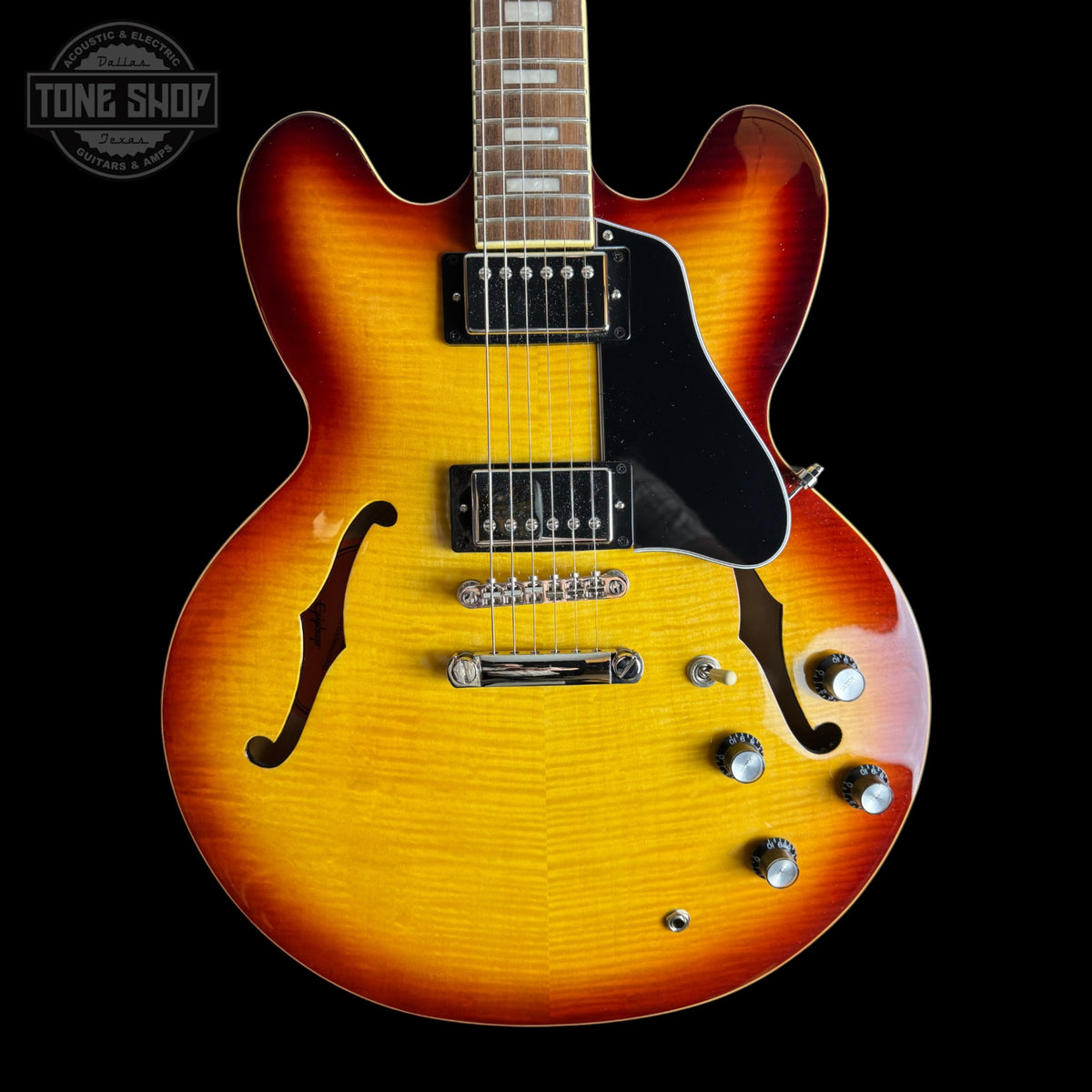 Front of Used Epiphone ES-335 Figured IG Rasberry Tea Burst TSS7290.